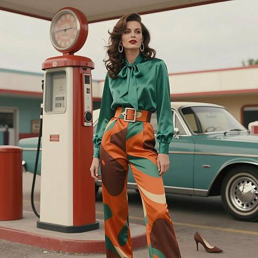 Glamorous 1970s Fashion at Retro Gas Station