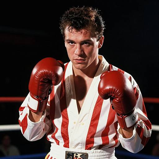 Photograph of a muscular man with dark hair, wearing red and white striped boxing shirt and red gloves, standing in a boxing ring with intense gaze and