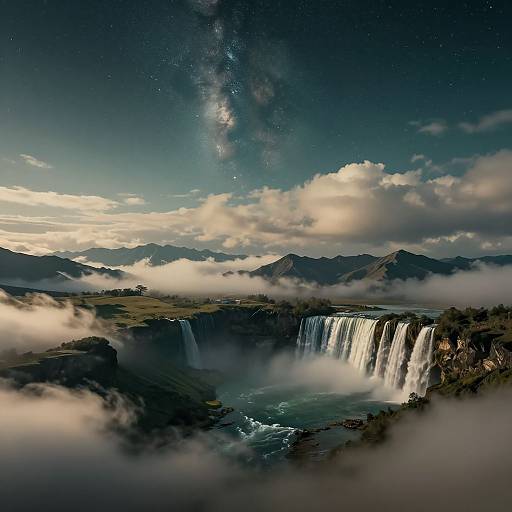 Photograph of a majestic waterfall cascading into a misty valley, surrounded by rolling hills and mountains, with the Milky Way visible in the starlit