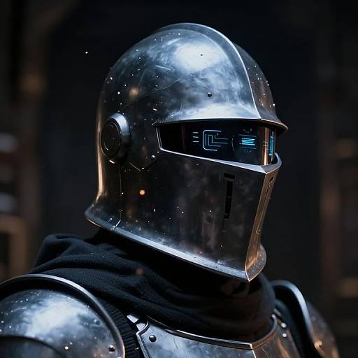 Photograph of a futuristic, silver, reflective knight helmet with blue digital eyes, wearing black armor, in a dark, dimly lit background.