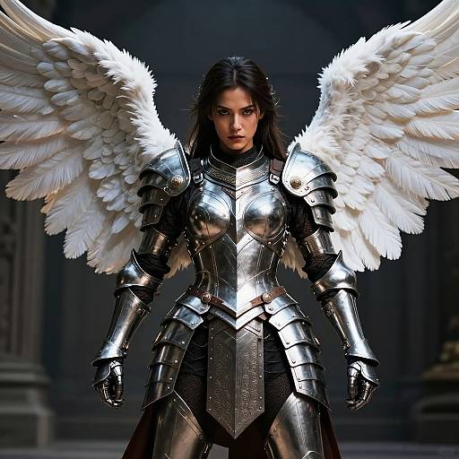 Digital art of a fierce, dark-haired woman with white angel wings, wearing polished silver medieval armor, standing in a dimly lit, gothic-style