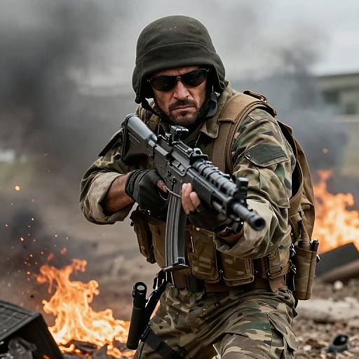 Photograph of a determined male soldier in camouflage, helmet, and sunglasses, firing a rifle amid a smoky, burning battlefield.