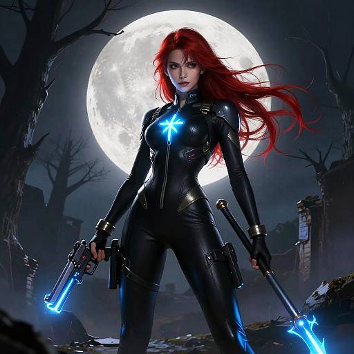 Fierce Red-Haired Warrior Under Moonlight