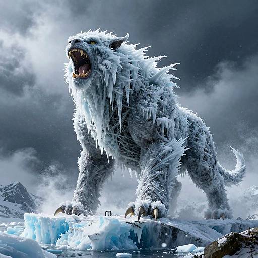 Digital artwork of a fierce, ice-covered, white wolf-like creature with sharp claws, roaring on a snowy, icy landscape under a stormy sky.