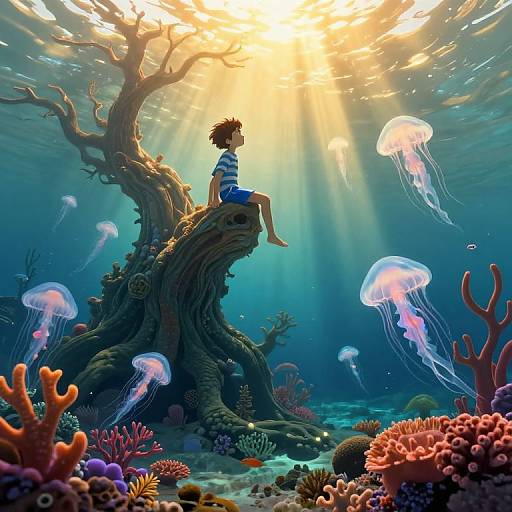 Digital artwork of a child in a striped shirt sitting on a sunlit, underwater driftwood, surrounded by colorful coral and jellyfish.