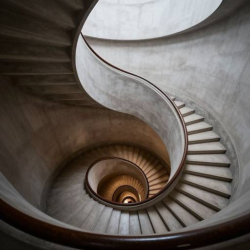 Photograph of a spiral concrete staircase, viewed from below, with smooth, curving walls and evenly spaced wooden steps. Light filters through at the top