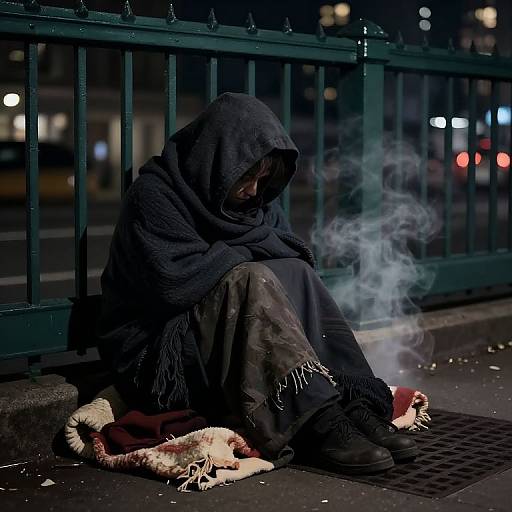 Photograph of a hooded homeless person smoking, sitting on a dark street at night, with a frayed blanket and boots beside them.