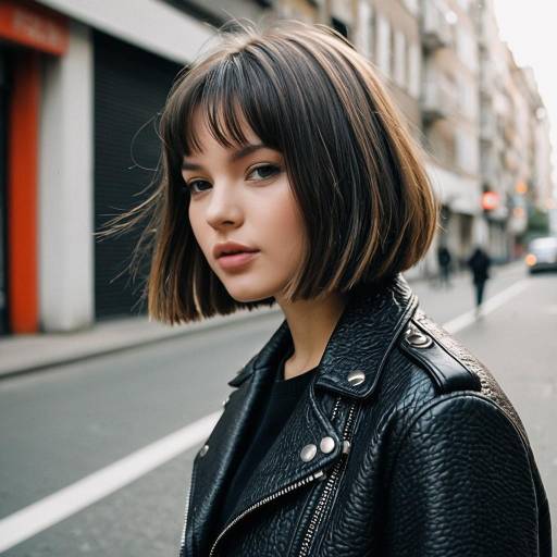 Young woman with jaw-length bob and leather jacket in urban street