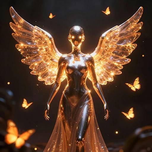 Photograph of a glowing, metallic angel statue with illuminated wings, surrounded by orange butterflies, set against a dark background.