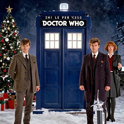 Photograph of three adults in formal attire standing before a 