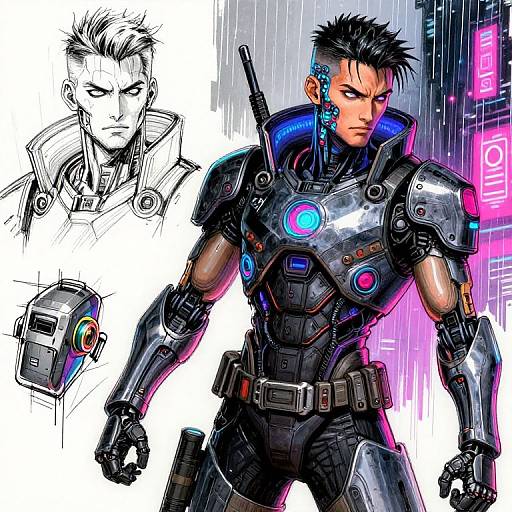 Digital anime-style illustration of a muscular, black-haired male cyborg with glowing blue and pink accents, detailed armor, and intense expression. Monochrome sketch