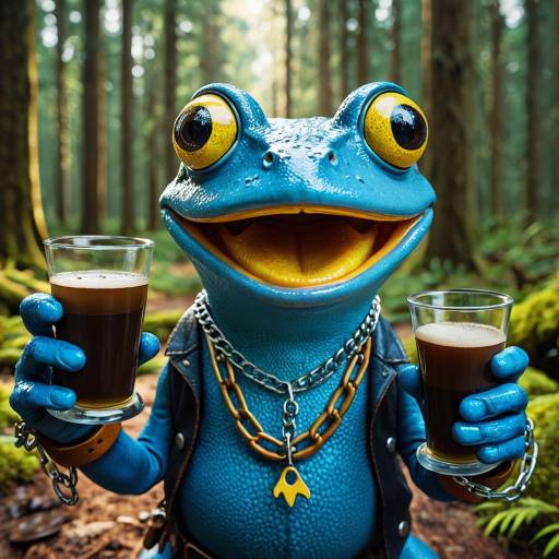 Blue Frog Holding Drinks in Forest