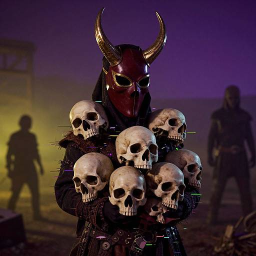 Dark armored figure with horned helmet holds nine skulls, shadowy background, eerie purple and yellow lighting, second shadowy figure in distance.