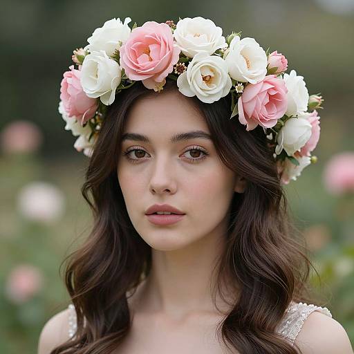 Photograph of a young woman with fair skin, dark wavy hair, wearing a floral crown of pink and white roses, and a sleeveless white