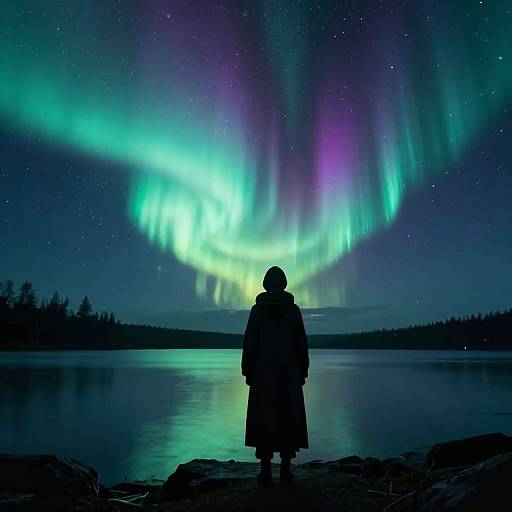 Silhouetted person stands on rocky shore, gazing at vibrant Northern Lights over a calm lake, with a starry night sky. Photograph.