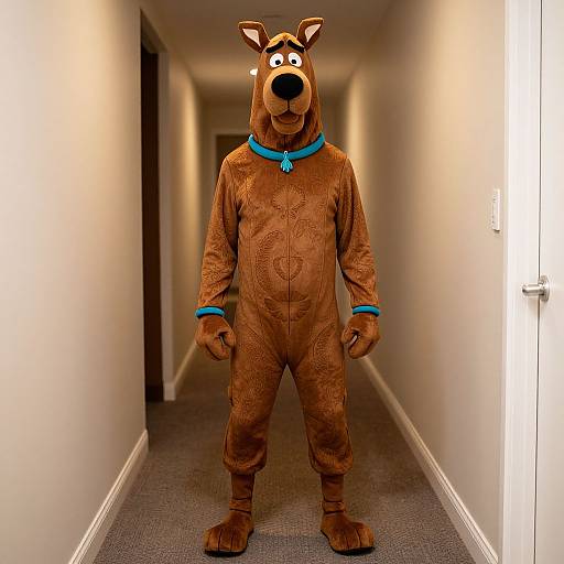 Photograph of a person standing in a hallway wearing a full-body Scooby-Doo costume with brown fur, blue collar, and cartoonish expression.
