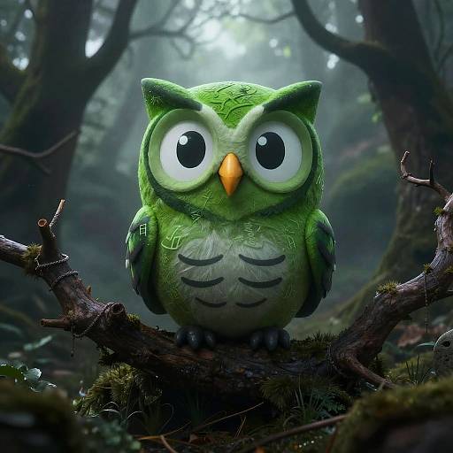 Photorealistic CGI of a cute, green, cartoon owl with large eyes and a yellow beak, perched on a mossy tree branch in