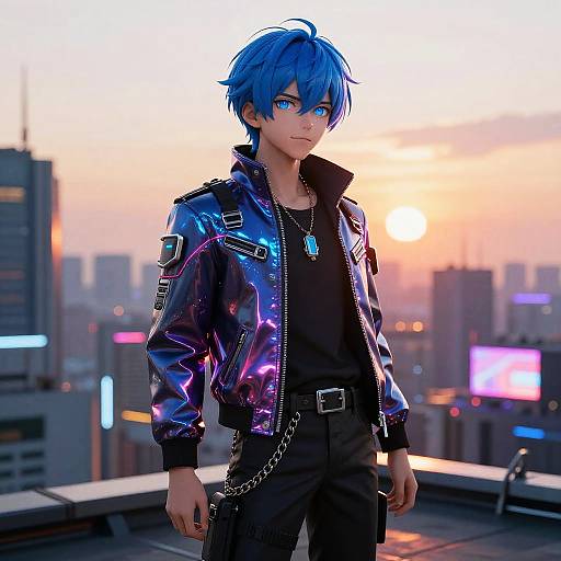 Digital anime-style artwork of a blue-haired, blue-eyed boy in a neon purple-black jacket, black shirt, and chain, standing on a rooftop at