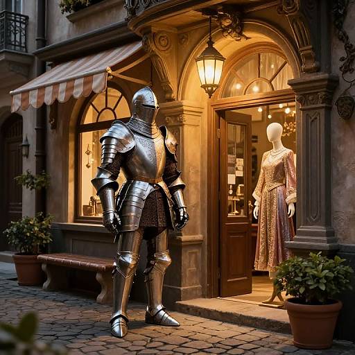 Photograph of a medieval-style knight statue in shiny silver armor standing in front of a warmly lit vintage store with a mannequin in a patterned