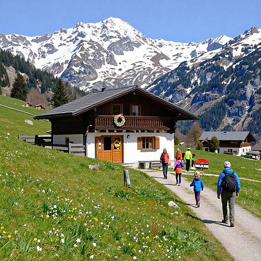 Photograph of a picturesque Alpine village with a snow-capped mountain backdrop. People in colorful hiking gear walk on a gravel path past a traditional wooden cha