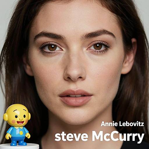 Photograph of Annie Lebowitz with a close-up of her face, dark brown eyes, and brown hair. Steve McQueen's face is replaced