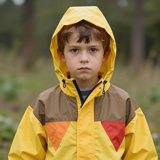 Serious Boy in Yellow Waterproof Jacket
