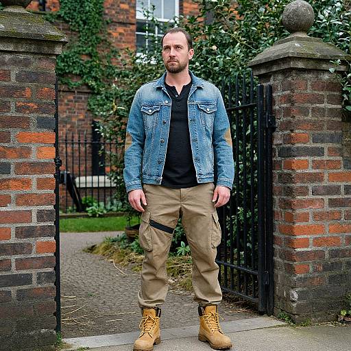 Photograph of a bearded man with short hair, wearing a blue denim jacket, black shirt, beige cargo pants, and tan boots, standing in