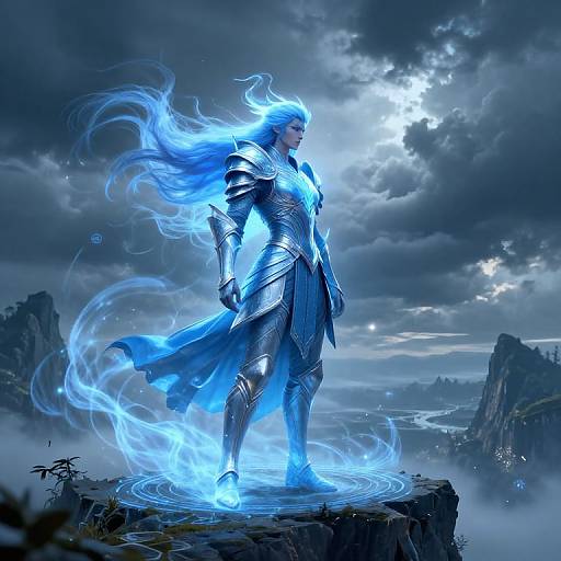 Epic digital artwork of a blue-haired, armored warrior with glowing blue flames, standing on a cliff, under a stormy sky.