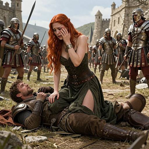 CGI medieval scene: red-haired woman in black corset and green skirt kneels over defeated armored man, surrounded by sword-wielding soldiers in a