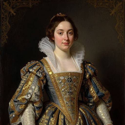 Baroque-style portrait of a young woman with fair skin, dark brown hair in a bun, wearing an elaborate, gold-embroidered blue dress