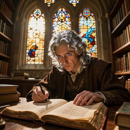Elderly man with silver curls and blue eyes, writing in illuminated manuscript, surrounded by books, under vibrant stained glass windows.