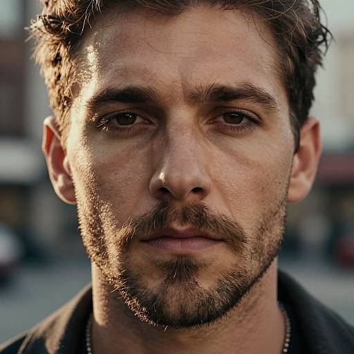 Close-up photograph of a rugged, bearded Caucasian man with brown hair, intense eyes, and a serious expression, lit by sunlight.