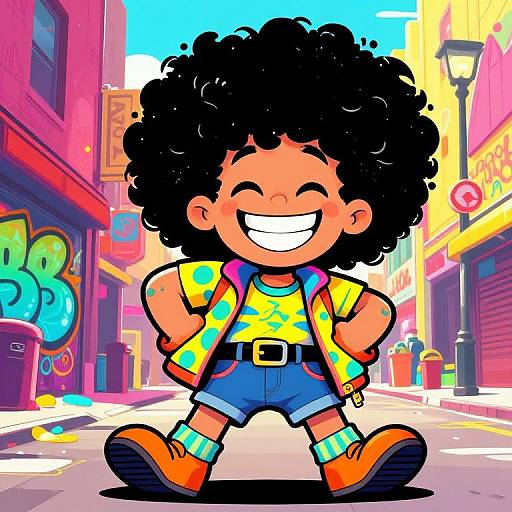 Cartoon-style drawing of a smiling, curly-haired child in a tie-dye shirt, blue shorts, and orange shoes, standing confidently on a vibrant