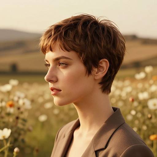 Photograph of a fair-skinned, short brown-haired woman with delicate features, wearing a brown blazer, looking to the left in a sunlit