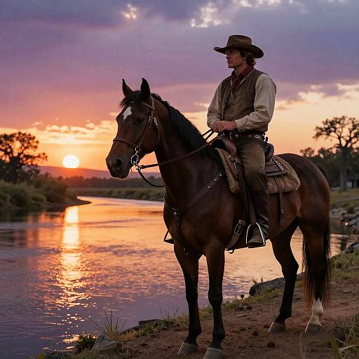 Photograph of a cowboy in tan shirt and hat, riding a brown horse, at sunset over a serene river, with vibrant orange and purple sky.
