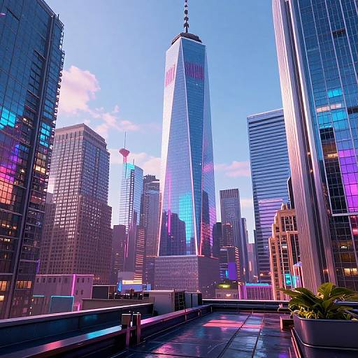 Photograph of New York City skyline at sunset with One World Trade Center towering over illuminated skyscrapers, reflecting vibrant blue and pink hues. Urban rooftop