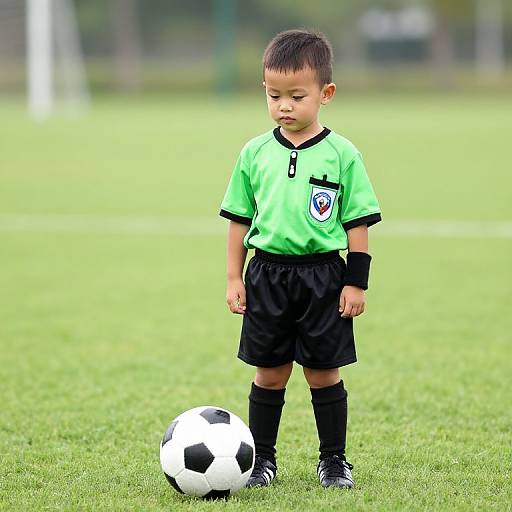 Photograph of a young Asian boy in a neon green soccer jersey and black shorts, standing on a grassy soccer field, gazing down at a