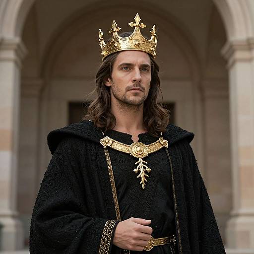 Photograph of a long-haired, bearded man in a black robe and ornate gold crown, standing in front of an arched stone building.