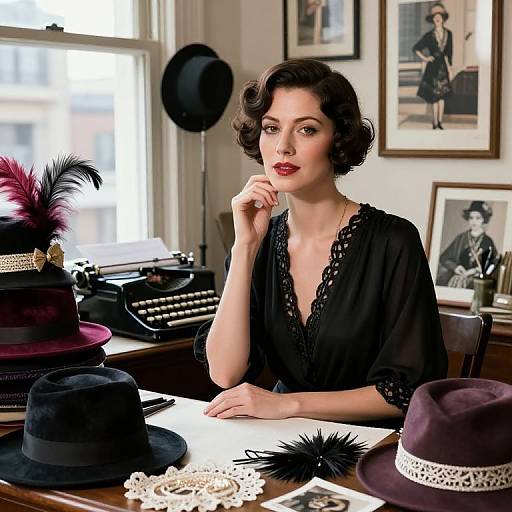 Vintage photograph of a fair-skinned woman with short, curly brown hair, wearing a black lace-trimmed blouse, seated at a desk with hats