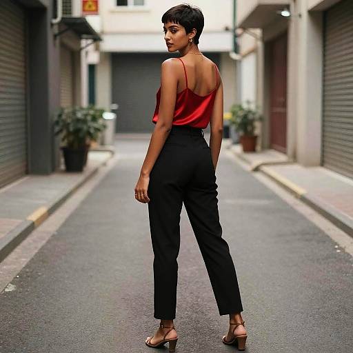 Photograph of a short-haired woman in a red sleeveless top and black high-waisted pants, standing confidently on a narrow urban alleyway with