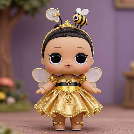 Photograph of a cute, doll-like figure with large black eyes, wearing a gold bee-themed dress, wings, bee tiara, and purple background