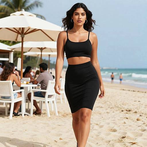 Confident Woman Walking on Sunny Beach