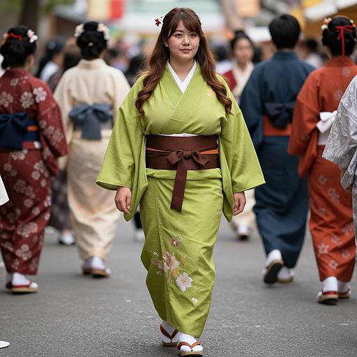 Photograph of a Japanese woman in a green kimono with floral patterns, brown obi, and white sandals, walking in a bustling street festival with