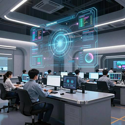 Photograph of a modern, high-tech control room with multiple workers seated at desks, focusing on glowing, holographic digital interfaces above.