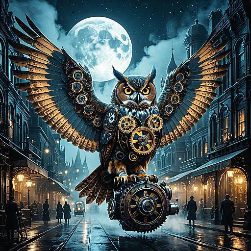 Surreal Steampunk Owl in Enchanted City