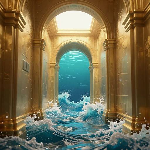 Photorealistic digital artwork of a grand, illuminated archway opening to a turbulent, blue ocean with crashing waves inside a sunlit, golden hallway.