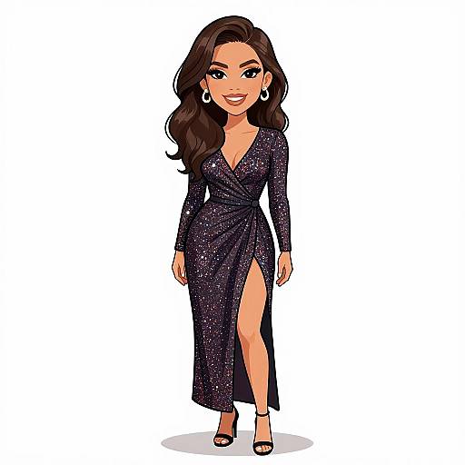 Digital illustration of a smiling woman with long, wavy dark hair, wearing a sparkling black, long-sleeve, deep V-neck gown with a