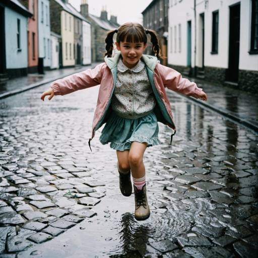Freckled Girl Jumping in Rainy Cobblestone Street