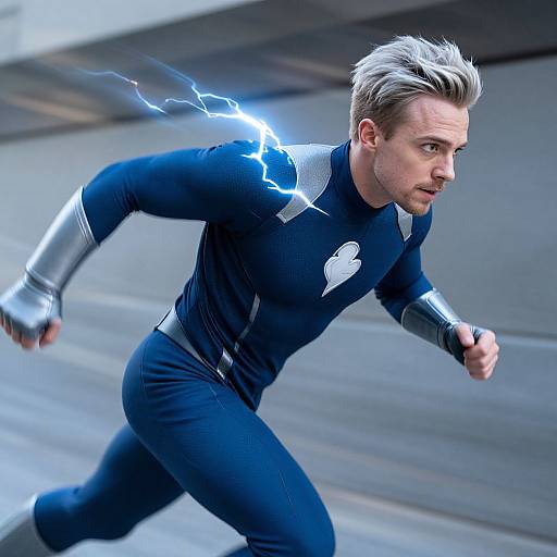 Photograph of a muscular man with short, blonde hair, wearing a blue, form-fitting superhero suit with silver accents and lightning bolts, running dynamically