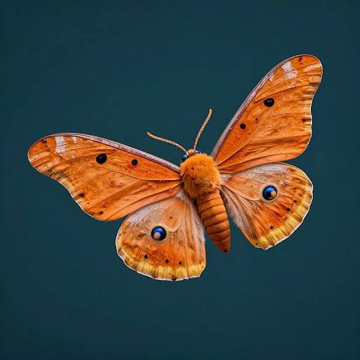 Photograph of an orange butterfly with black spots and blue eyespots on wings, against a dark blue background.